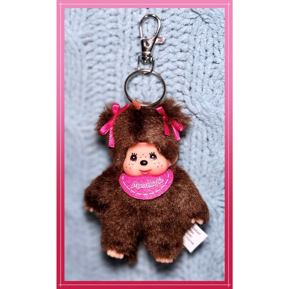 4" Sekiguchi Monchhichi Girl Pink Bib Monkey Plush Doll Keychain Charm Mascot